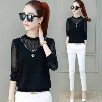 Модная сетчатая нижняя рубашка для женщин с длинными рукавами, весна-осень, новая свободная футболка Blusa M синий