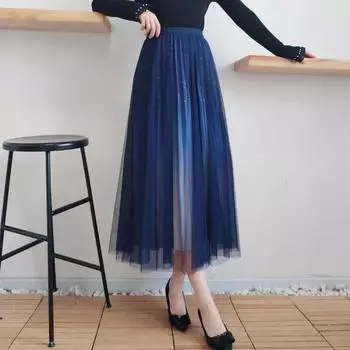 Модная сетчатая юбка с градиентом для женщин, плиссированная юбка с высокой талией и трапециевидным силуэтом L чёрный