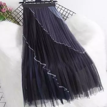 Модная сетчатая юбка в тон, осень-зима 2025 года, новинка с высокой талией и тонкими складками А-образной формы, юбка средней и длинной длины One Size чёрный