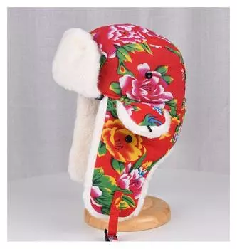 Модная северо-восточная большая цветочная тканевая кепка Lei Feng для мужчин и женщин, зимняя теплая утепленная хлопковая шапка с подкладкой, этническая ветровая снежная деревенская защита для ушей, красная кепка One Size чёрный