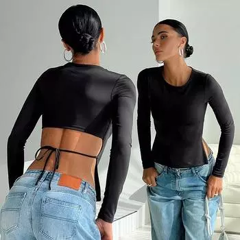Модная сексуальная футболка с длинным рукавом и открытой спиной, женская модная облегающая базовая футболка со шнуровкой, черная женская футболка на весну и осень, повседневная футболка для улицы, топы 25553 S чёрный