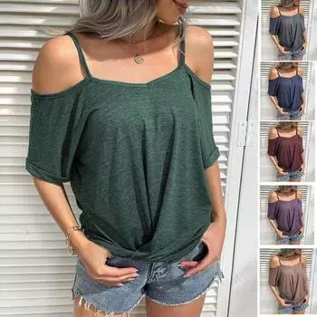Модная сексуальная футболка с открытыми плечами и коротким рукавом для женщин, летняя элегантная повседневная футболка больших размеров, женские элегантные однотонные свободные футболки 24525 S темно-серого
