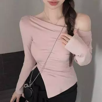 Модная сексуальная футболка с открытыми плечами и косым воротником, женские топы, элегантная повседневная женская футболка с длинным рукавом, нестандартная шикарная тонкая женская футболка-пуловер 26009 One Size белый