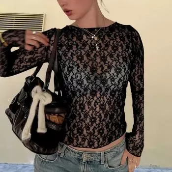 Модная сексуальная однотонная вязаная крючком кружевная футболка женская весна-лето новая цветочная ажурная футболка с длинным рукавом женская футболка топы с круглым вырезом приталенная женская футболка 26138 S чёрный