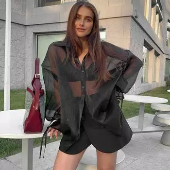 Модная сексуальная прозрачная повседневная свободная рубашка женская винтажная с рукавами-фонариками на шнуровке женские блузки элегантные тонкие летние топы женская одежда 26255 S чёрный