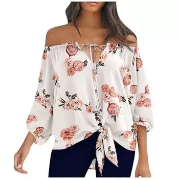 Модная сексуальная рубашка с открытыми плечами на шнуровке и бантом Элегантный свободный топ с вырезом в горловине Повседневная блузка с рукавом три четверти с принтом Blusas 27783 S темно-синий