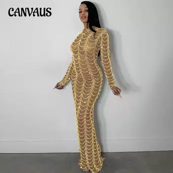 Модная сексуальная сетка для ночного клуба с прозрачными платьями с длинными рукавами S чёрный