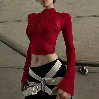 Модная сексуальная уличная футболка с длинным рукавом на шнуровке в стиле пэчворк, верхняя уличная однотонная одежда для женщин, элегантные Blusas 30434 S чёрный