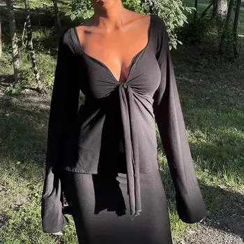 Модная сексуальная женская футболка с длинным рукавом и разрезом, весна-осень, топ с закруткой, новая однотонная повседневная уличная футболка, женская облегающая женская одежда S чёрный