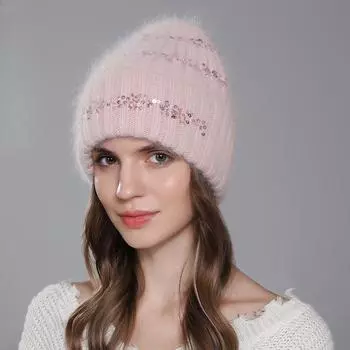 Модная шапка с круглыми пайетками, зимние теплые шапки из ангорского кролика, женские вязаные шапки, высококачественная шапка y2k белый