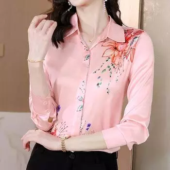 Модная шелковая блузка с цветочным принтом, женская элегантная женская рубашка с длинным рукавом и пуговицами, свободная женская одежда, женские топы Blusas 24678 M розовый