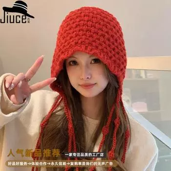 Модная шерстяная шапка ручной работы с бахромой, осенне-зимняя, новая, термосумка, женская, с большой окружностью головы, показывает маленькое лицо M56-58cm чёрный