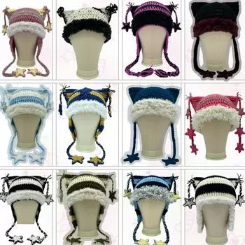 Модная шерстяная шапка с кошачьими ушками для взрослых, вязаная вручную, теплая осенне-зимняя забавная шапка с кошачьими ушками