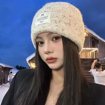 Модная шерстяная шапка с разноцветными вставками в горошек, осенне-зимняя вязаная шапка, теплая защитная шапка для ушей, женская шапка Tide one size56-58cm бежевый