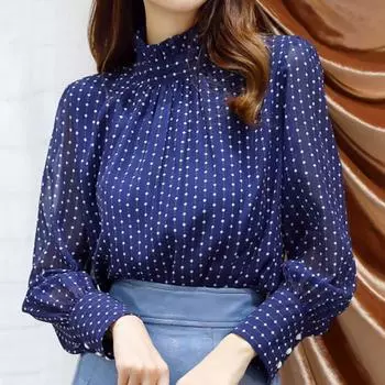 Модная шифоновая блузка с длинным рукавом и воротником-стойкой в полоску в горошек, женские топы J247 S синий