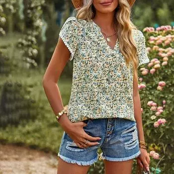 Модная шифоновая блузка с принтом, женские повседневные свободные топы, женские летние женские рубашки с коротким рукавом и v-образным вырезом, женская одежда 24784 S зелёный