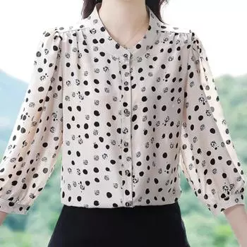 Модная шифоновая рубашка с цветочным принтом, женская новая летняя блузка с рукавом 3/4 для мамы, блузка с круглым воротником и принтом, M-5XL 4XL абрикосовый