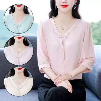 Модная шифоновая рубашка с рукавами 3/4 для мам, летняя новая однотонная блузка снизу, универсальная возрастная блузка с v-образным вырезом, облегающая блузка M-5XL 4XL абрикосовый