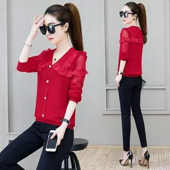 Модная шифоновая рубашка с v-образным вырезом, женская весенняя новая корейская свободная блузка с длинными рукавами, однотонный топ с рюшами XXXL абрикосовый