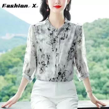 Модная шифоновая рубашка в китайском стиле для женщин, летняя рубашка с рукавом семь четвертей, на пуговицах, в стиле ретро, универсальный топ M серый