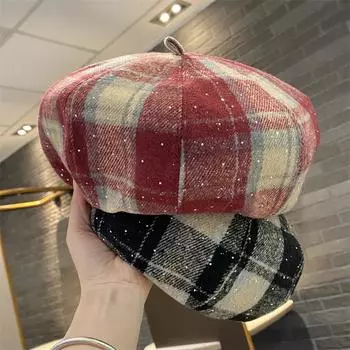 Модная шляпа художника весна и осень британская клетчатая восьмиугольная шляпа со стразами женская ретро универсальная литературно-художественная шляпа M56-58cm чёрный