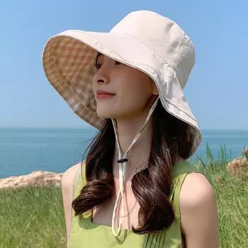 Модная шляпа от солнца, женские модели, можно складывать, летняя, с большими полями, солнцезащитная шляпа от солнца, закрывающая лицо, клетчатая шляпа рыбака 56-58cm бежевый