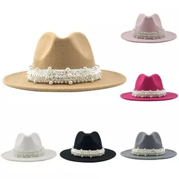 Модная шляпа, повседневная мужская и женская широкая шляпа с жемчугом, кашемировая шляпа-котел для путешествий на весну, осень, зиму L чёрный