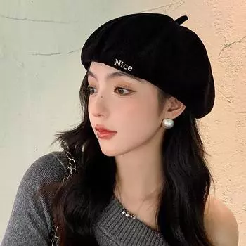 Модная шляпа-тыква женская осень и зима новая шляпа художника вышитая буква ретро универсальный лицо маленький берет One size коричневый