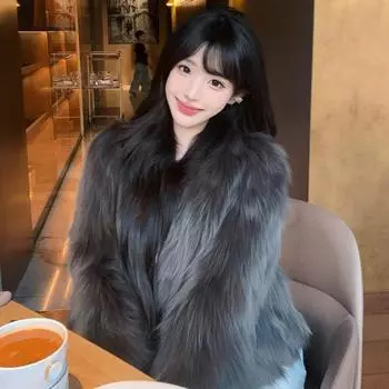 Модная шуба из лисьего меха женская короткая зимняя новая утолщенная теплая шуба с V-образным вырезом тонкая меховая шуба S темно-серого