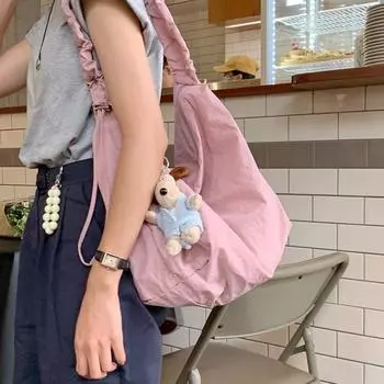 Модная симпатичная розовая сумка через плечо для женщин, плиссированная, однотонная, в стиле колледжа, модная сумка-тоут, большая вместимость, на шнурке, элегантная сумка 42X37.5cm