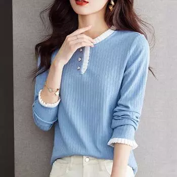 Модная синяя простая блузка с длинным рукавом, женская офисная женская элегантная женская рубашка с круглым вырезом, женская одежда, тонкие женские топы 29322 S орион