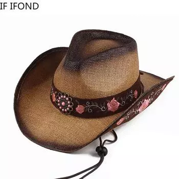 Модная соломенная ковбойская шляпа с вышивкой в стиле вестерн для мужчин и женщин, летняя пляжная шляпа от солнца в стиле джаз, ковбойская сомбреро, кепка-хомбре 56-58cm