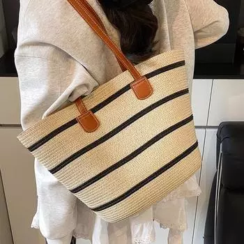 Модная соломенная плетеная сумка на одно плечо, большая вместимость, женская сумка для пляжного отдыха, плетеная сумка-тоут, ручная французская пляжная сумка
