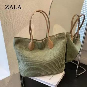 Модная соломенная пляжная сумка ручной работы на плечо, большая вместительная сумочка и кошелек для женщин, повседневная сумка-тоут для летнего путешествия и отдыха 34x14x30cm бежевый