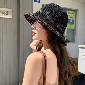 Модная соломенная шляпа в иностранном стиле, лето 2024, приморский солнцезащитный козырек, солнцезащитная шляпа, куполообразная плетеная шляпа для рыбака, показывающая маленькое лицо One size чёрный