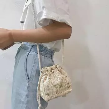 Модная соломенная сумка на шнурке, сумка-мессенджер, ручная вязка, летняя сумка через плечо, кружевная соломенная сумка-ведро для выгула собак хаки