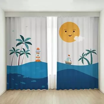 Модная современная простая мультяшная парусная лодка для детской спальни для мальчика, тонкая занавеска из 2 предметов, люверс, верхний крючок, высокое затемнение, новая W55 X H120cm X 2&HOOK