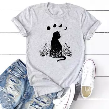 Модная стильная футболка с котом и луной, милая женская футболка с принтом, модная футболка, женская футболка, футболки с короткими рукавами и графикой S