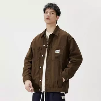 Модная стираная куртка, модная фирменная маркировка, свободная рубашка с длинными рукавами, американская ретро-повседневная универсальная куртка для мужчин S хаки