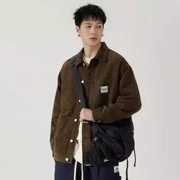 Модная стираная куртка, модная фирменная маркировка, свободная рубашка с длинными рукавами, американская ретро-повседневная универсальная куртка для мужчин S