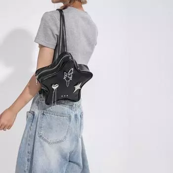 Модная сумка 2024 года, летняя новая женская сумка, нишевый дизайн, одинарный рюкзак, симпатичный женский рюкзак с пятиконечной звездой чёрный