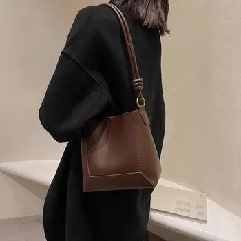 Модная сумка через плечо большой емкости для женщин, осенние новые простые повседневные сумки в стиле ретро с текстурой из искусственной кожи, ведерки-тоуты