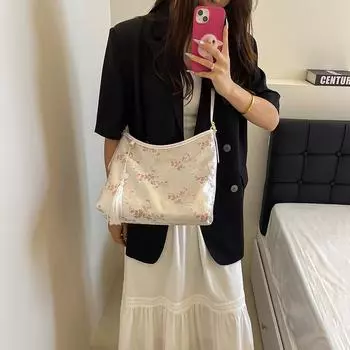 Модная сумка через плечо для женщин 2024 года, новая сумка-ведро с вышивкой, простая, нишевая, трендовая, универсальная сумка через плечо бежевый