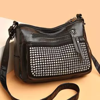 Модная сумка через плечо из мягкой кожи с бриллиантами, маленькая квадратная сумка для женщин, новинка 2024 года, многослойная сумка для мамы, повседневная универсальная сумка через плечо чёрный