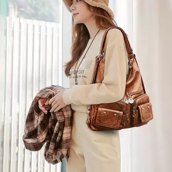 Модная сумка через плечо с несколькими карманами для женщин, большая вместительная сумка через плечо, высококачественная кожаная сумка-мессенджер, кошелек 32*13*33cm коричневый