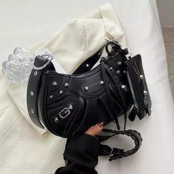 Модная сумка через плечо с заклепочным декором, однотонная сумка через плечо из искусственной кожи, идеальная сумка через подмышку (С мешком для монет) 26*8*18cm белый