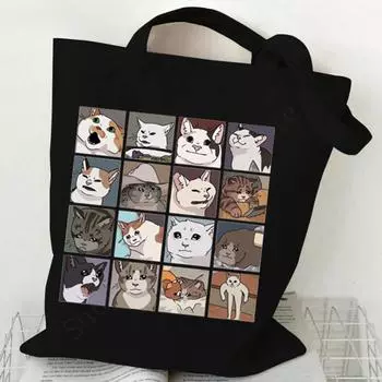 Модная сумка через плечо Уличная мода Кошачья графика Сумки для покупок Harajuku Повседневная сумка для влюбленных с изображением животных и котят Подарочные женские сумки из холста