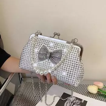 Модная сумка для ужина с бриллиантовым бантом, женская литературная ручная сумка через плечо белый