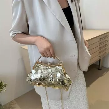 Модная сумка для ужина с пайетками и зажимом 2024 года, новая сумка через плечо, модная высококачественная универсальная сумка серебряный
