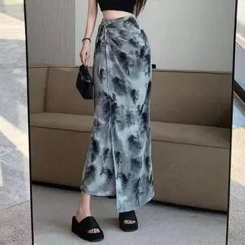 Модная сумка на кулиске, длинные юбки на бедрах, китайский стиль, чернильная живопись, женская летняя винтажная юбка с высокой талией, шикарная юбка с неровным разрезом S серый